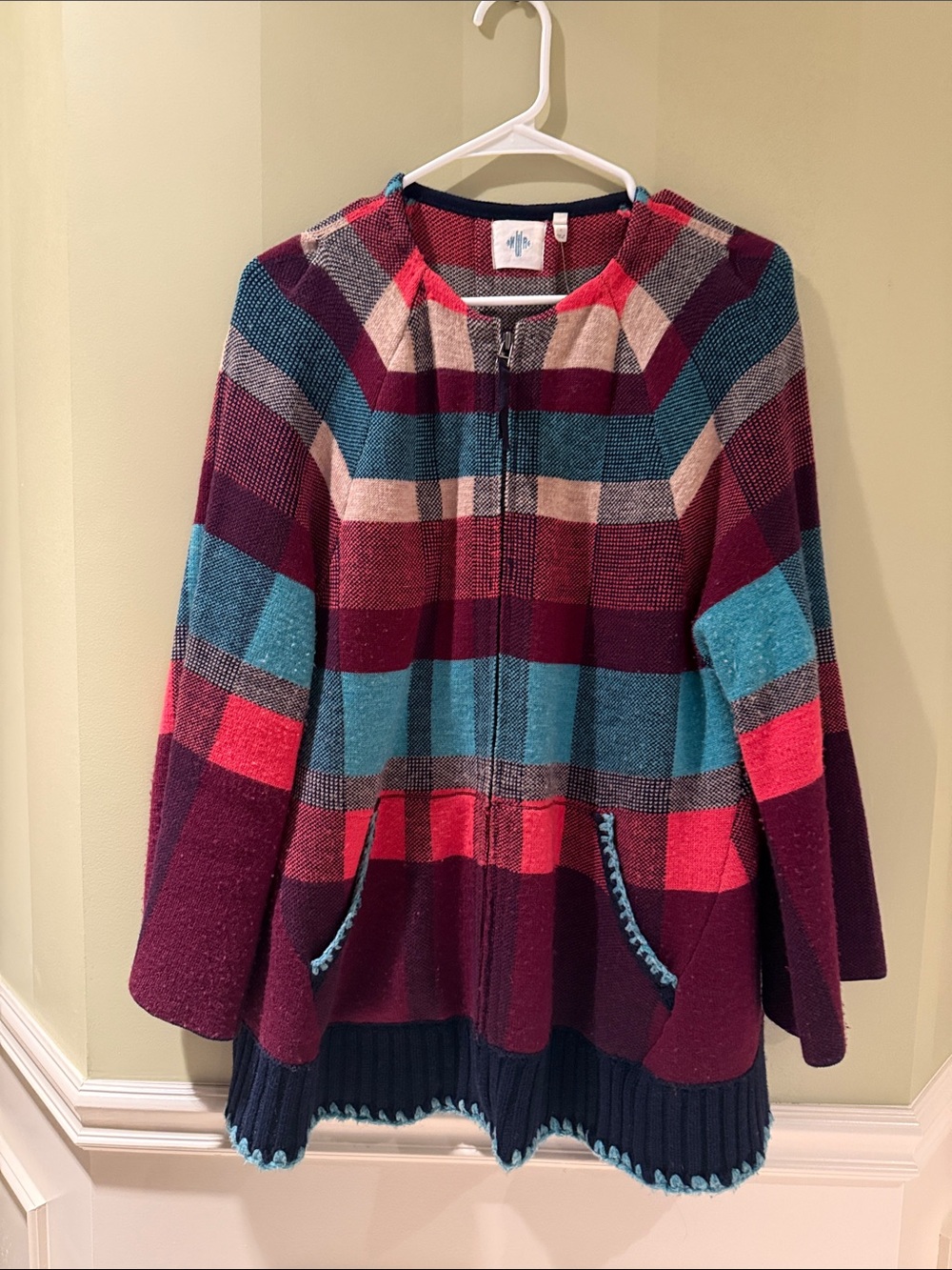 Anthropology Striped Zip-Up Knit Cardigan in Teal, Burgundy & Coral. (Gr)